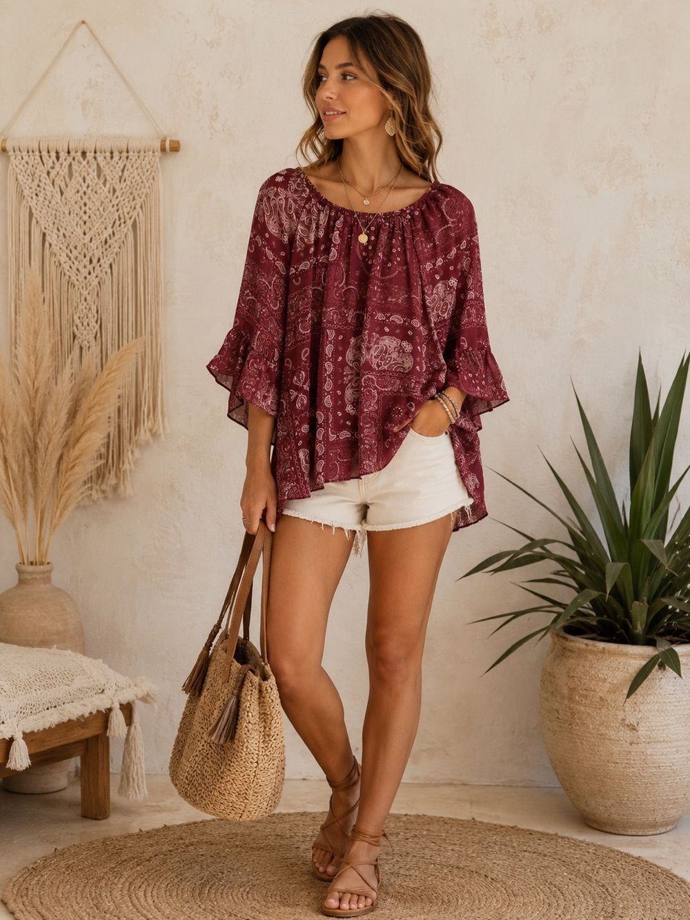 Paisley Ruffle-Sleeve Peasant Blouse in Burgundy